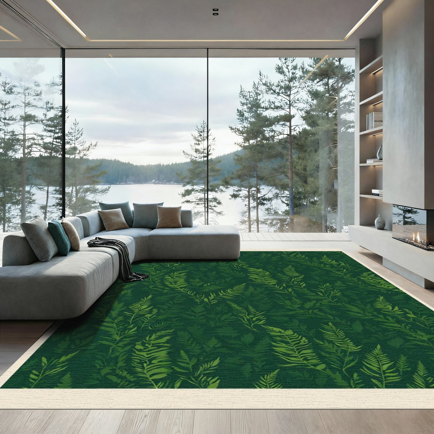 Deep Forest Green Fern Overlay Rug