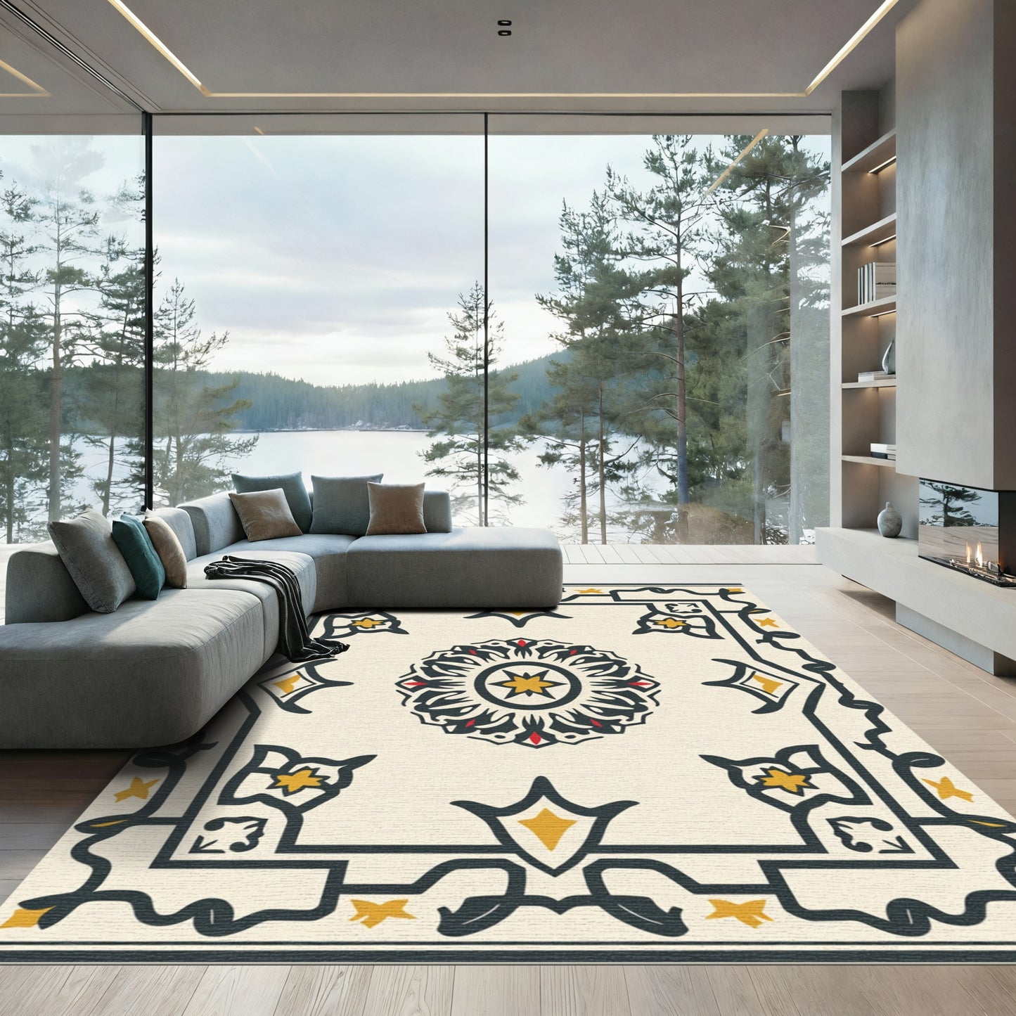 Dark Yellow Red Central Medallion Border Rug