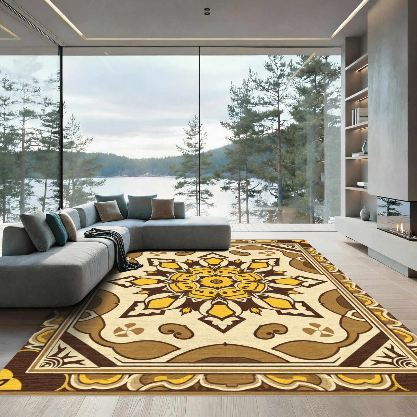 Golden Yellow Floral Medallion Rug