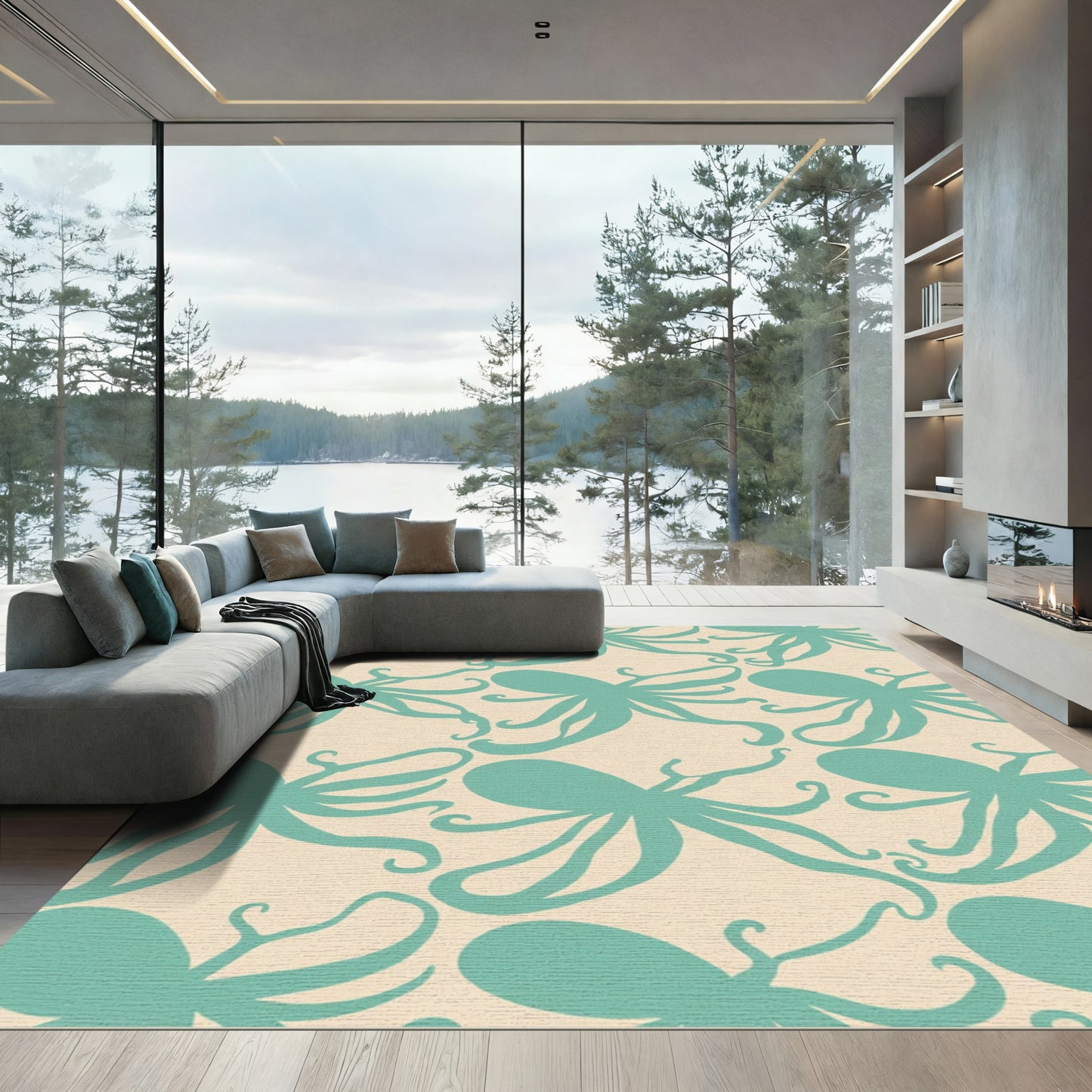 Teal Octopus In A Cream Field Rug