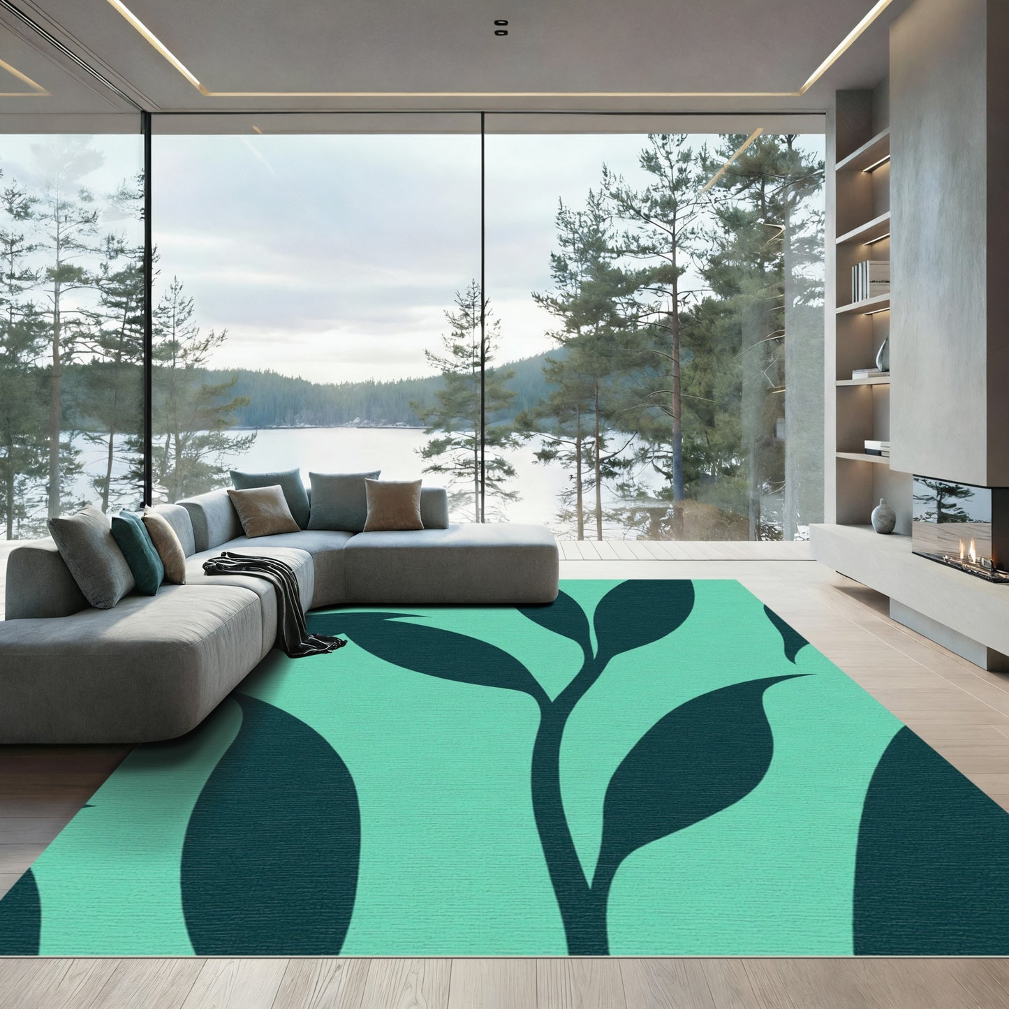 Teal Deep Leaf Branch Illustration Rug