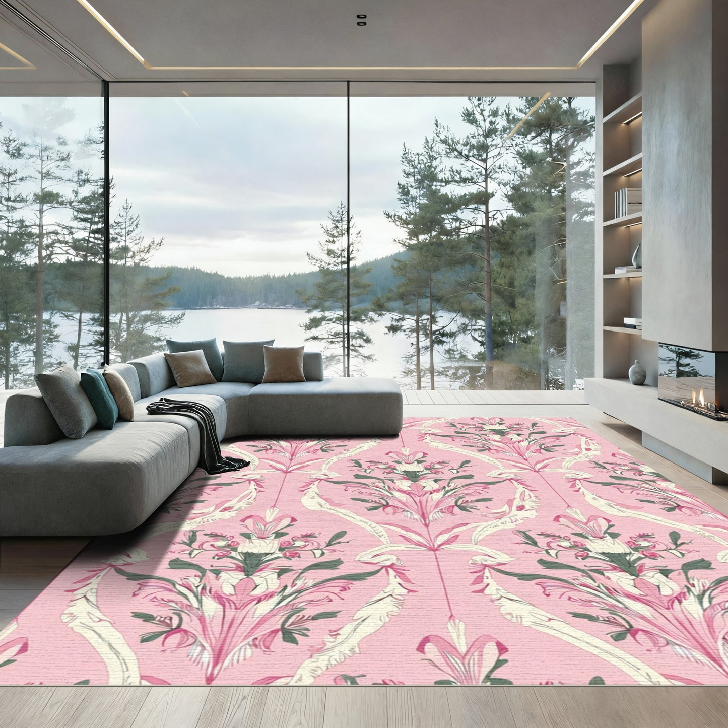 Pink Damask Floral Scroll Rug