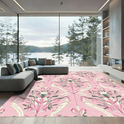 Pink Damask Floral Scroll Rug