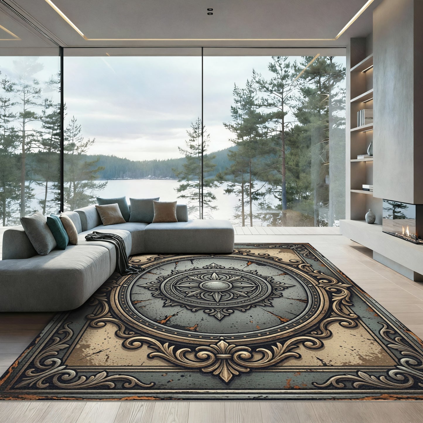 Antique Gray Golden Medallion Symmetry Rug