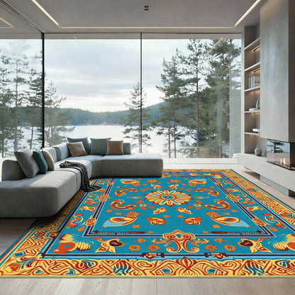 Turquoise Ochre Medallion Bird Border Rug
