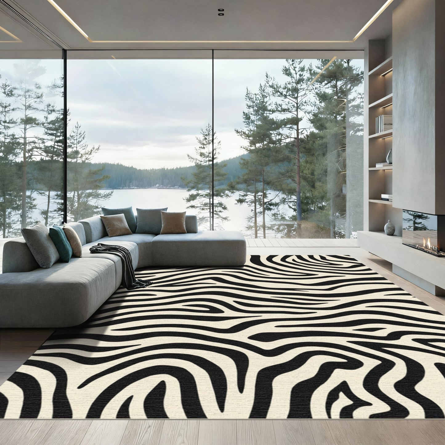Vibrant Black Cream Zebra Swirl Rug