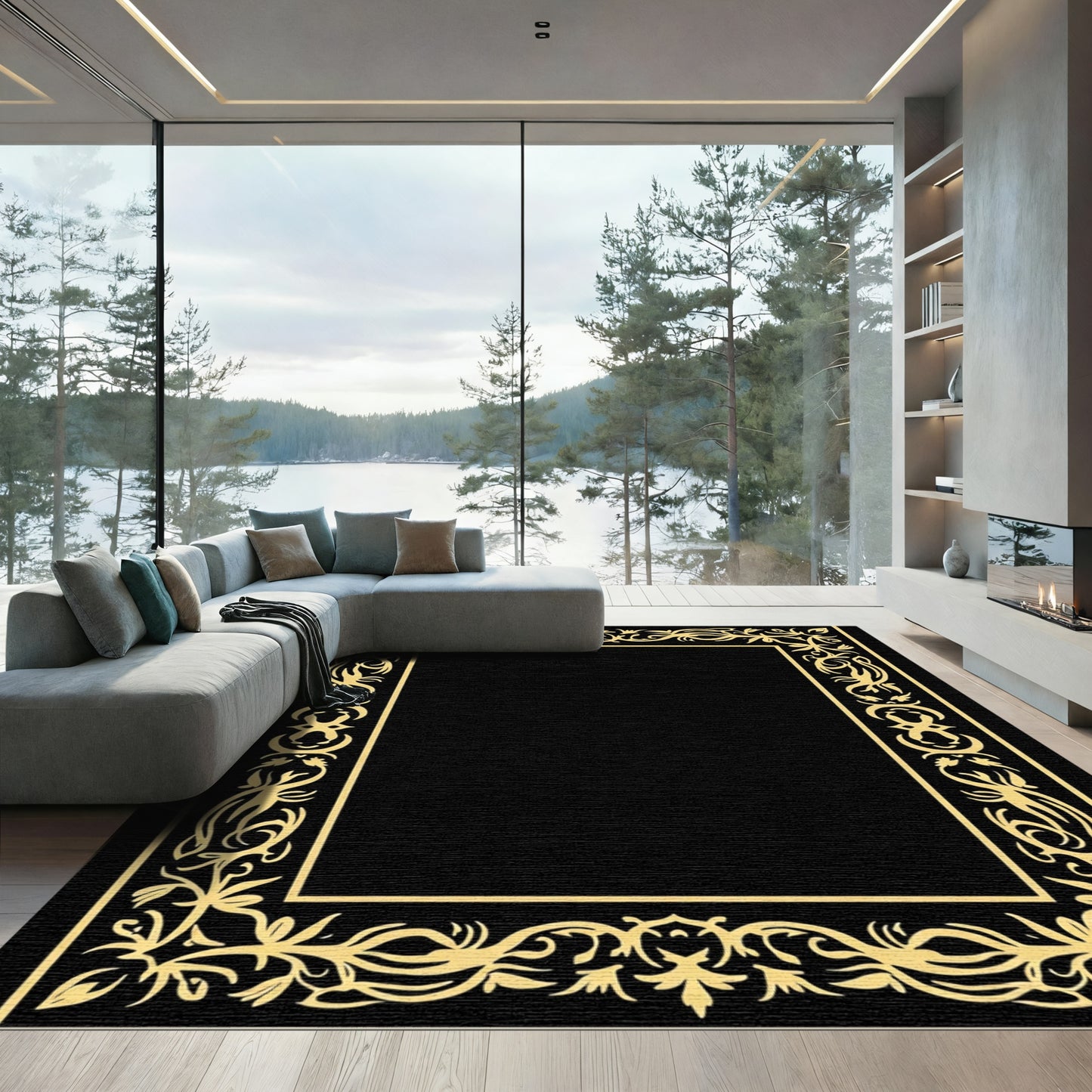 Ornate Scrollwork Golden Border Rug