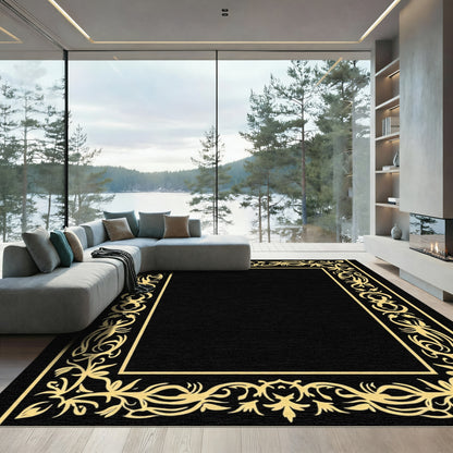 Ornate Scrollwork Golden Border Rug