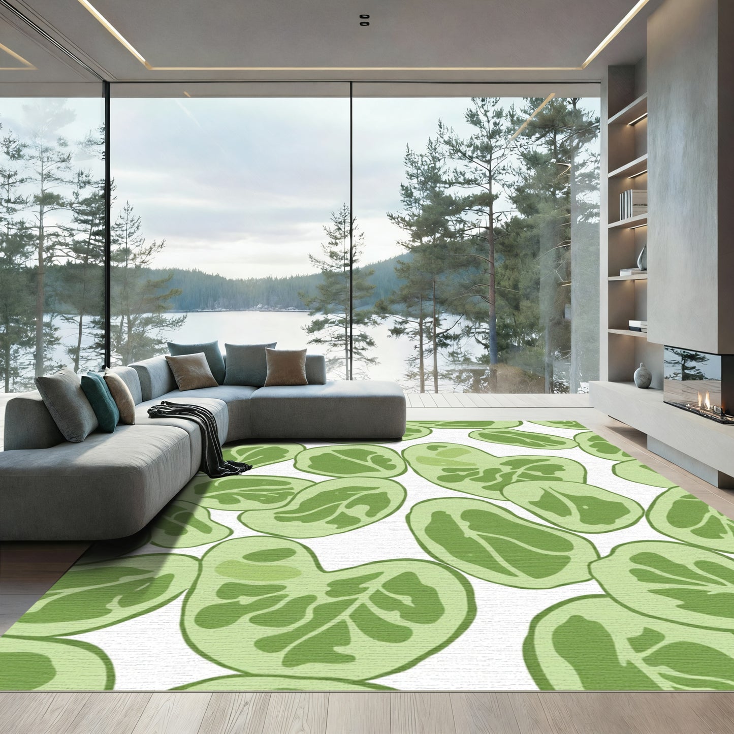 Leaf Scattered Soft Green Art Rug