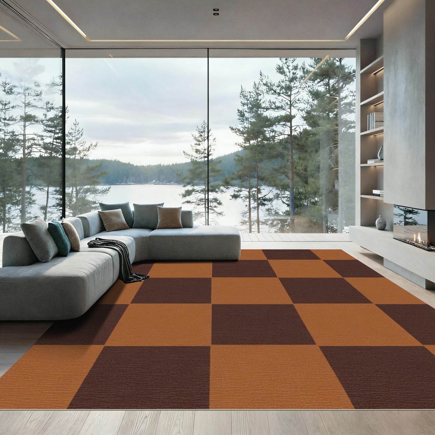 Earthy Bronze Checkerboard Squares Rug