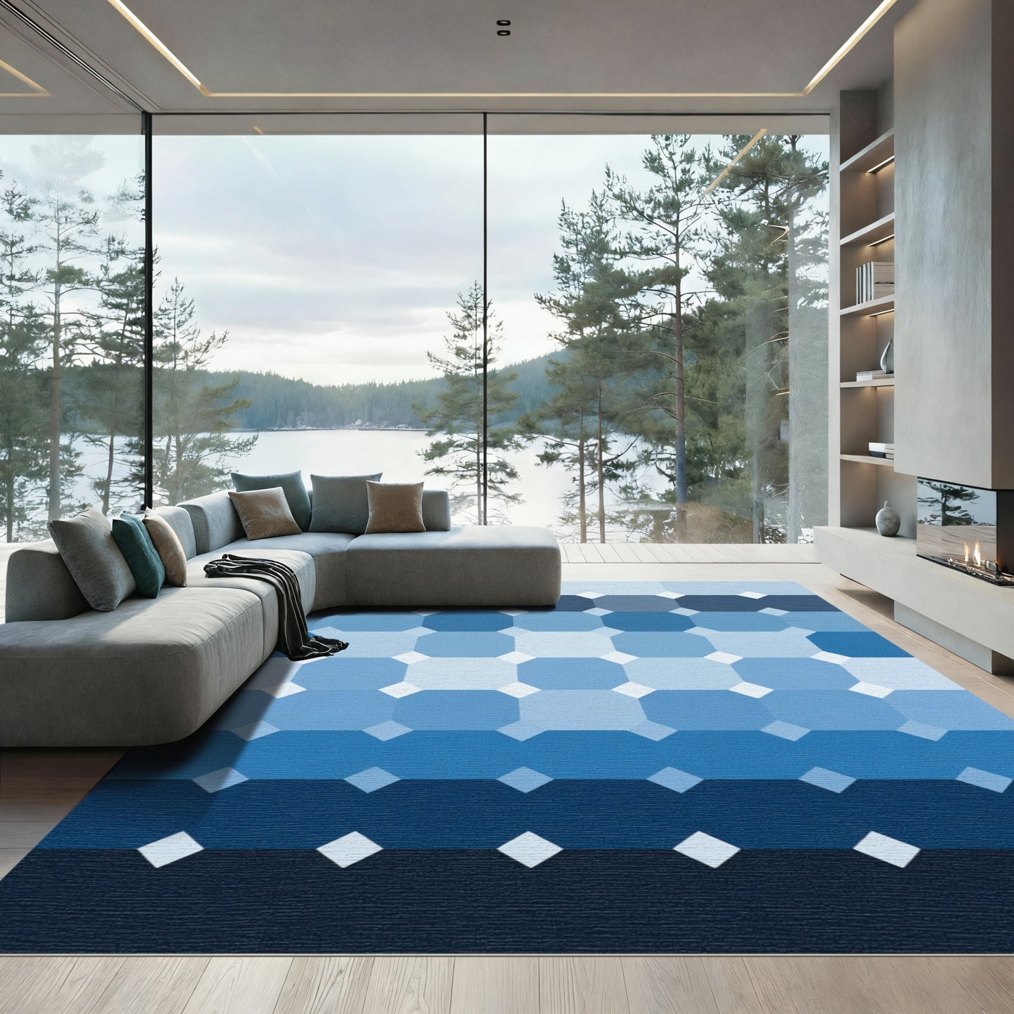 Gradient Blue Geometric Octagon Rug