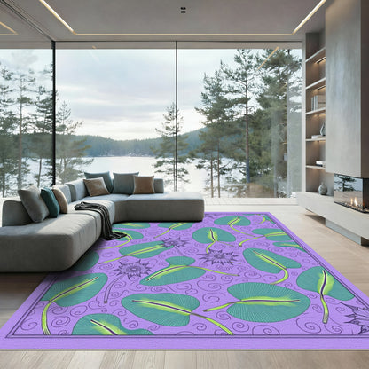 Purple Green Leaf Swirl Botanical Abstraction Rug