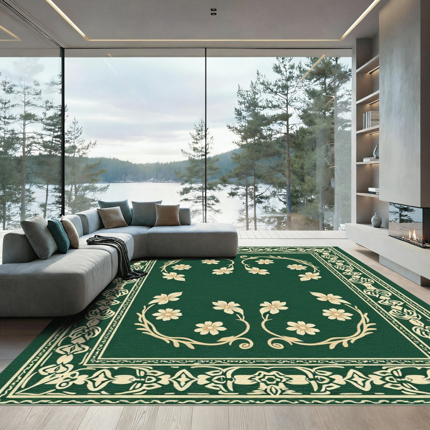 Golden Floral Arch Border Green Field Rug