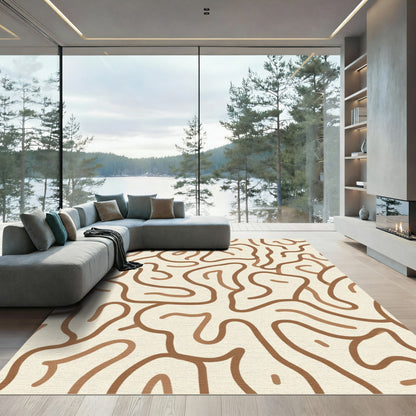 Cream Brown Abstract Organic Swirl Rug