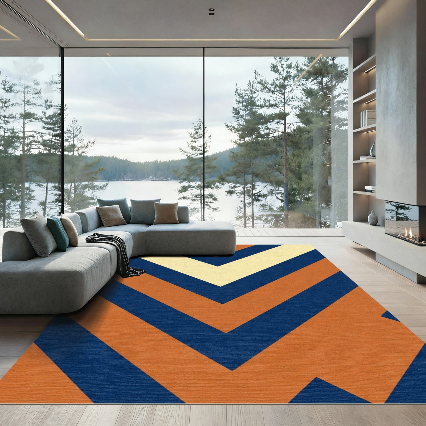 Chevron Blue Amber Cream Stripes Rug