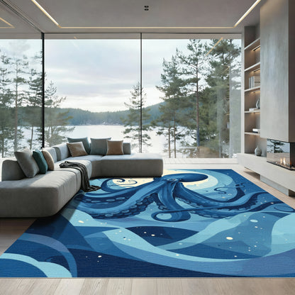 Deep Blue Ocean Octopus Whirls Rug