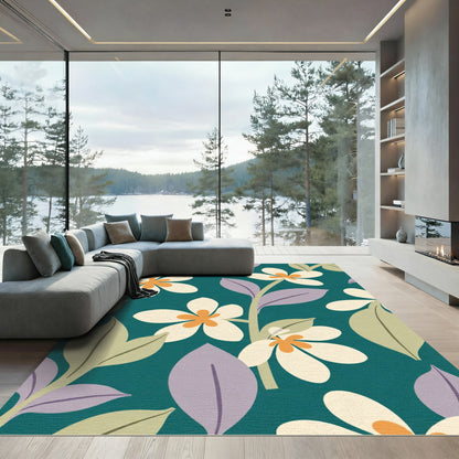 Teal White Orange Floral Branches Rug