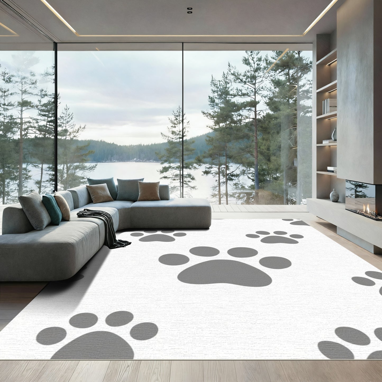 Gray Paw Prints All Over Rug