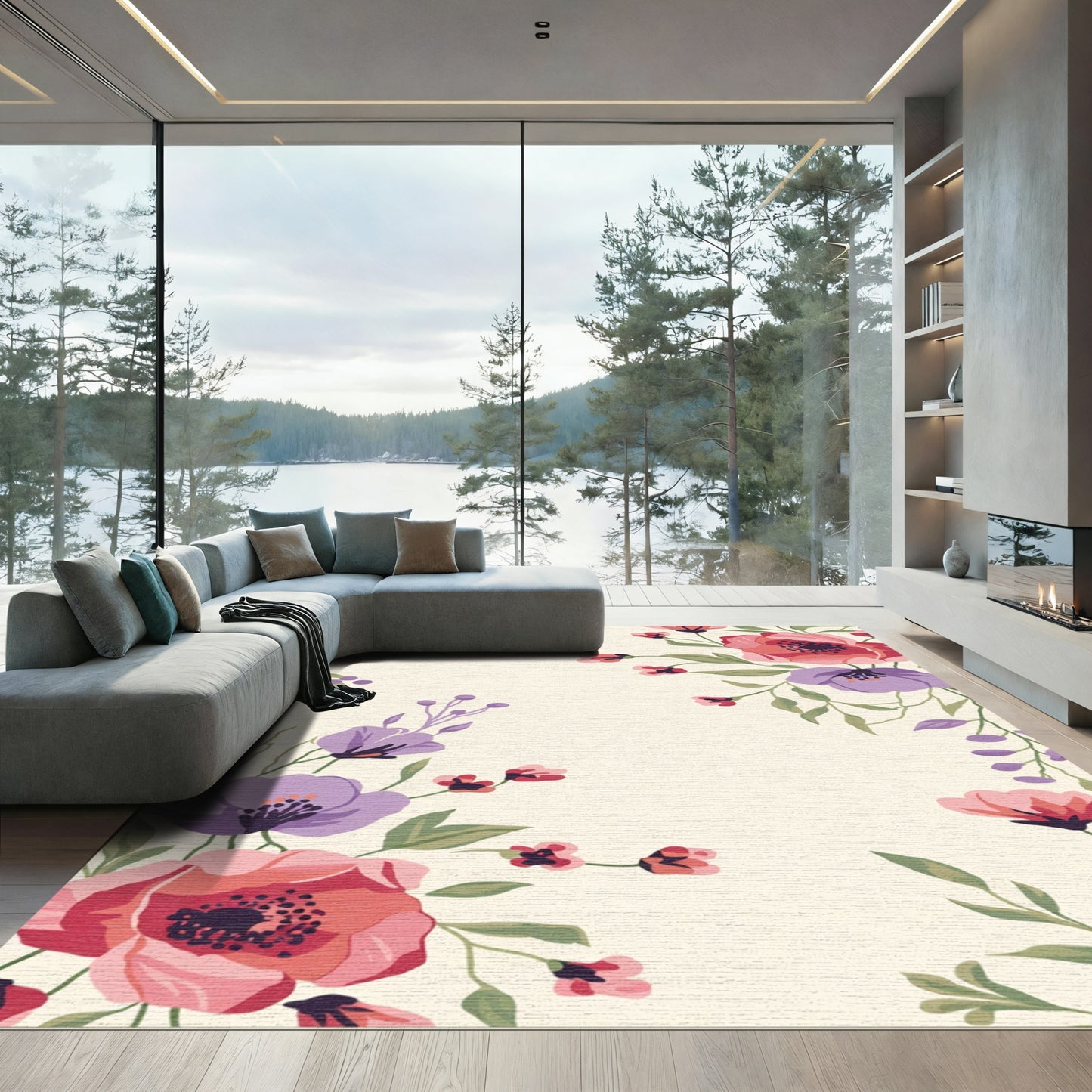 Crimson Pink Purple Floral Border Rug