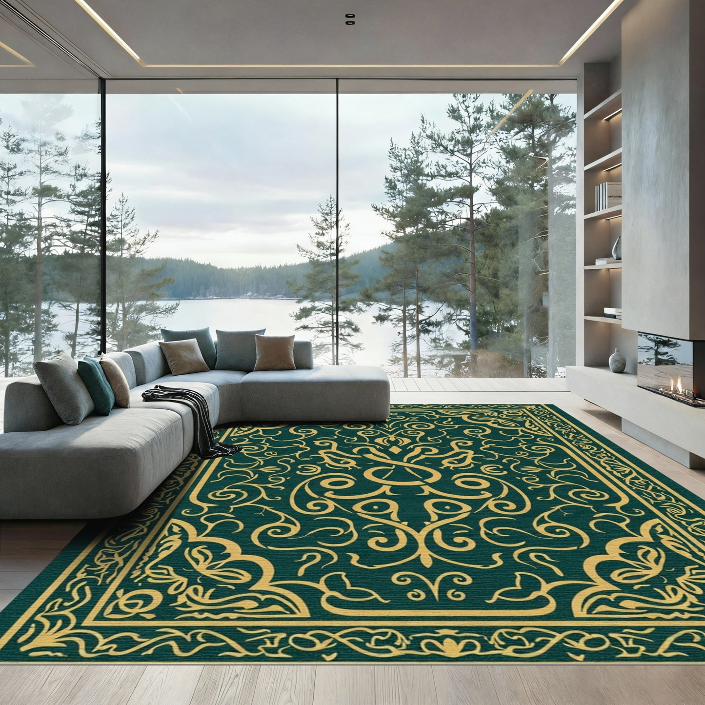 Deep Green and Gold Filigree Medallion Rug