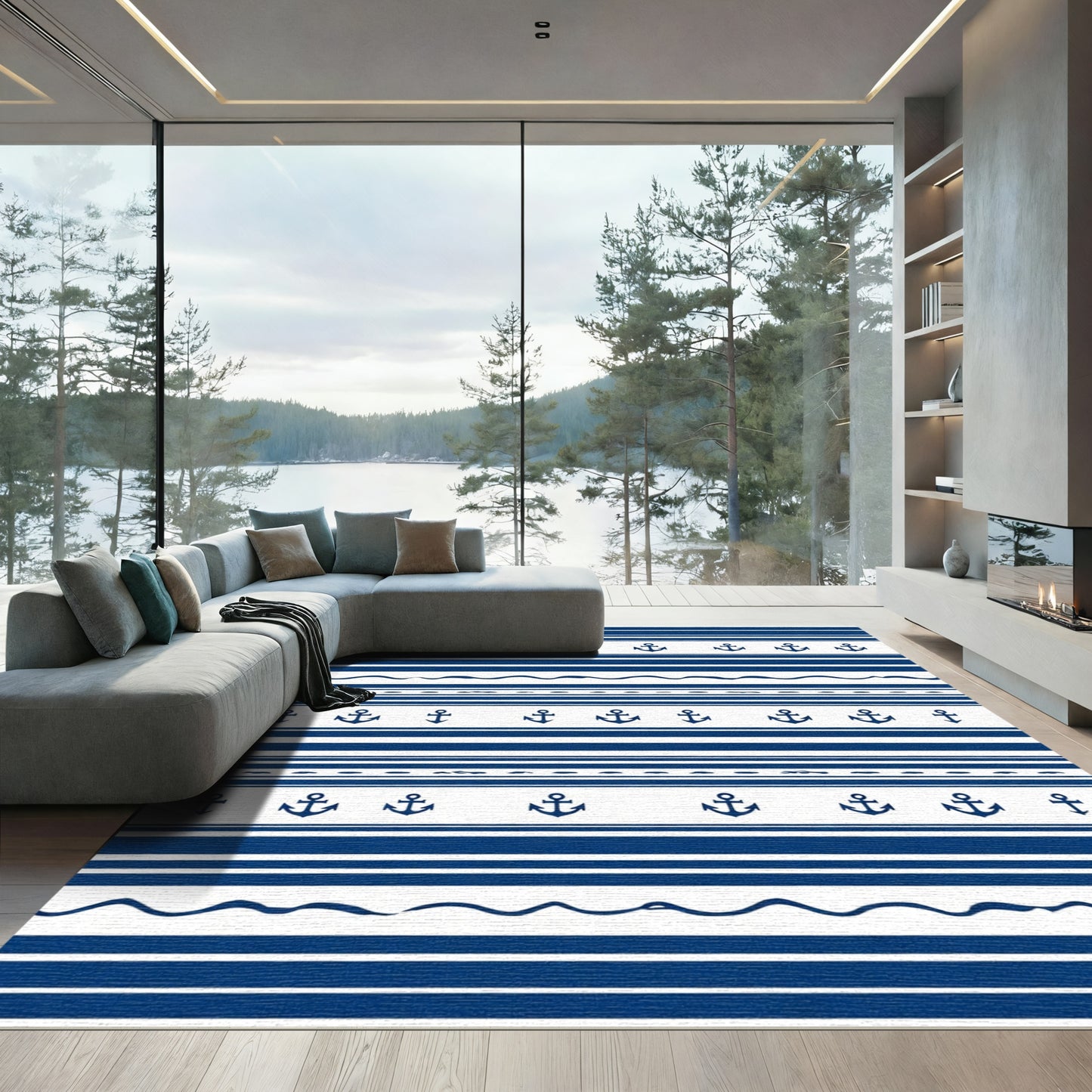Classic Blue White Anchor Stripe Rug