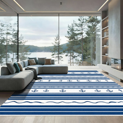 Classic Blue White Anchor Stripe Rug