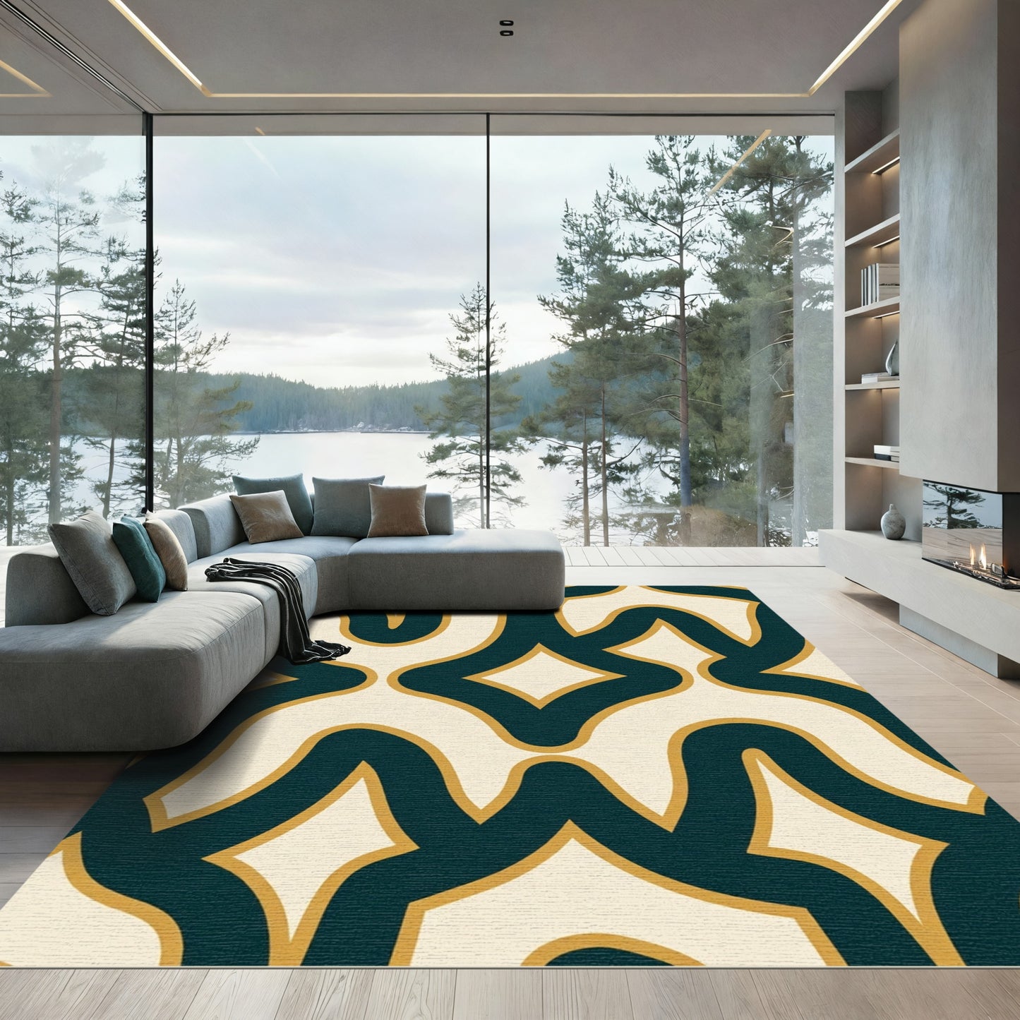 Cream Teal Golden Interlocking Contour Rug