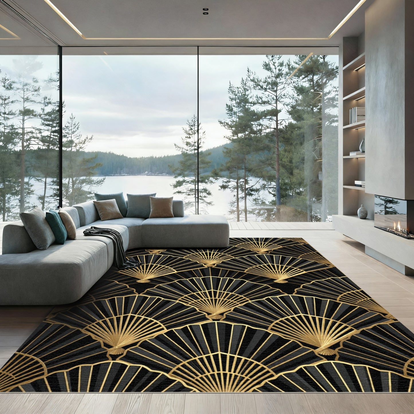 Black Gold Fan Art Deco Rug