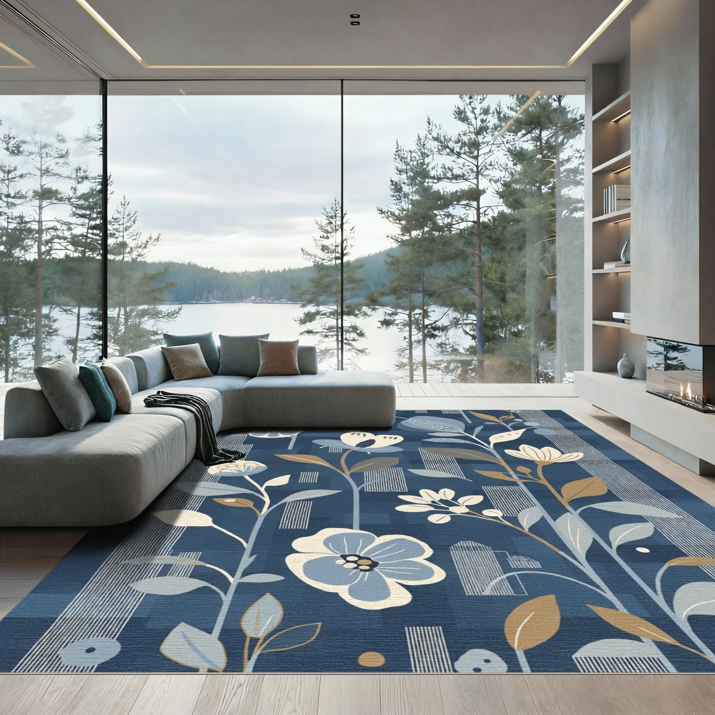 Abstract Blue Floral Botanical Stripes Rug