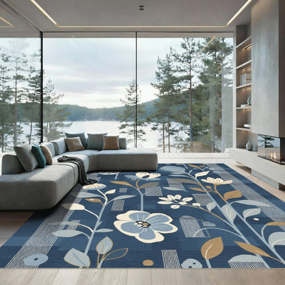 Abstract Blue Floral Botanical Stripes Rug