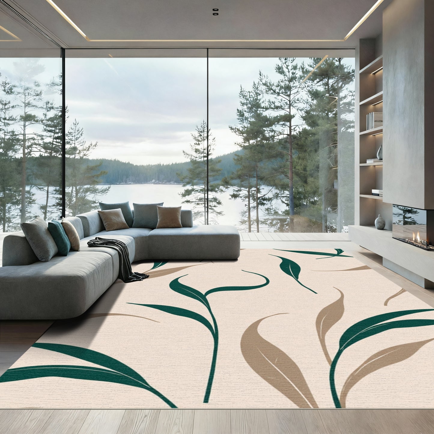 Tan And Teal Leaf Abstract Rug
