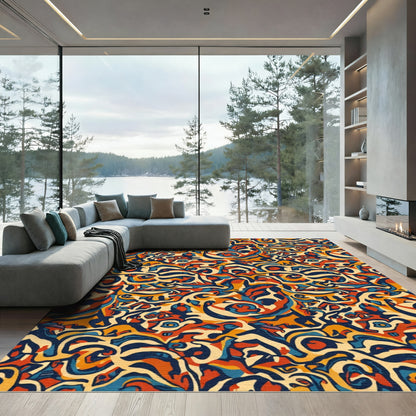 Abstract Retro Swirls Ochre Navy Red Rug