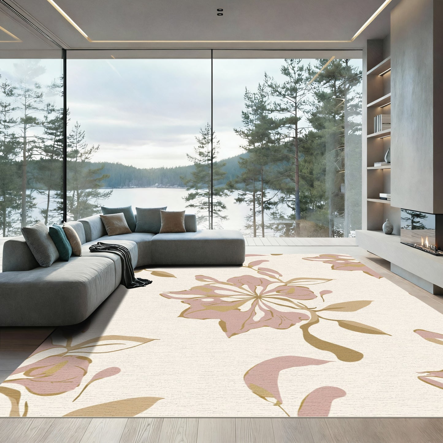 Soft Pink Abstract Floral Branch Rug