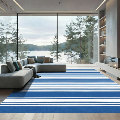 Vibrant Blue White Horizontal Stripe Rug
