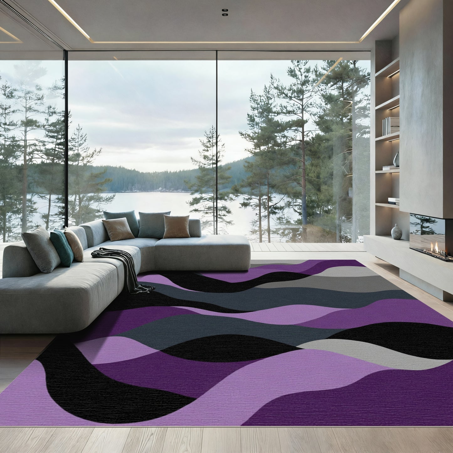Abstract Purple and Gray Wave Rug