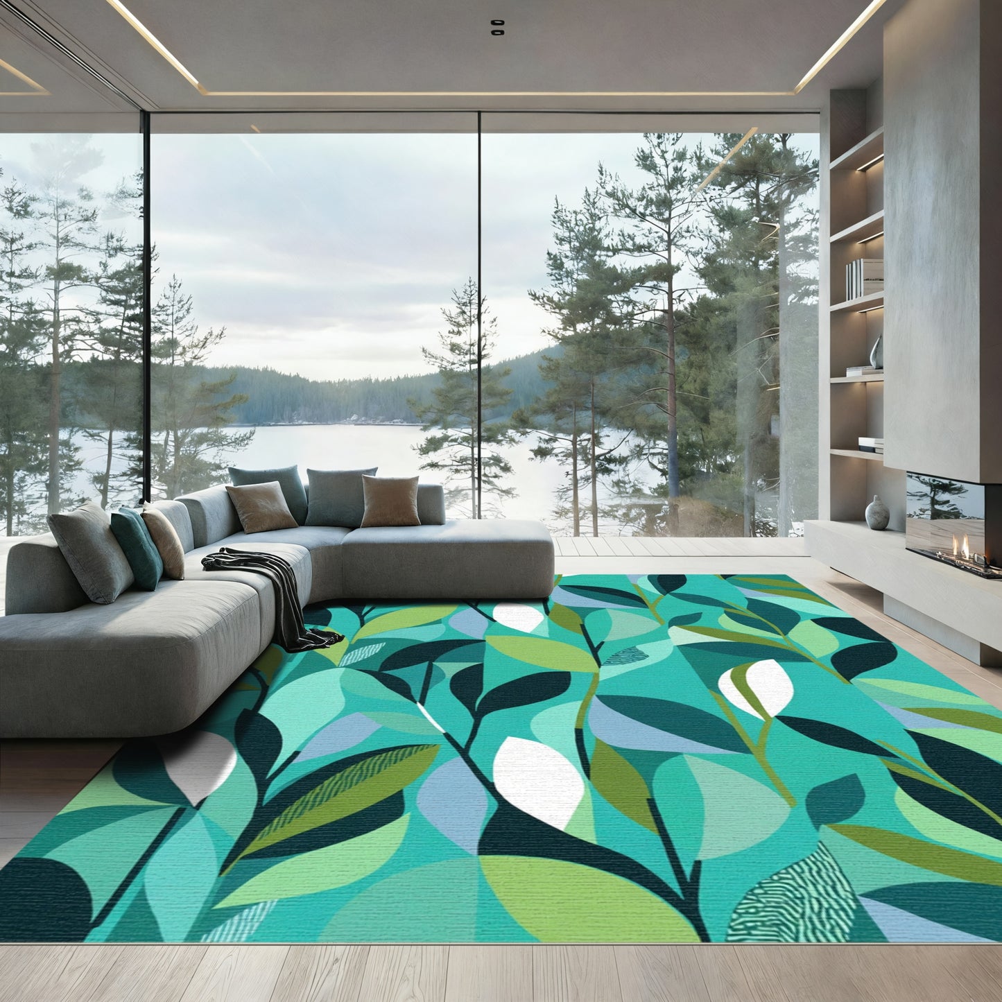 Abstract Teal Leafy Branches Rug