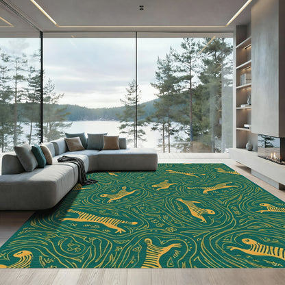 Jungle Tiger Emerald Whimsical Floral Rug