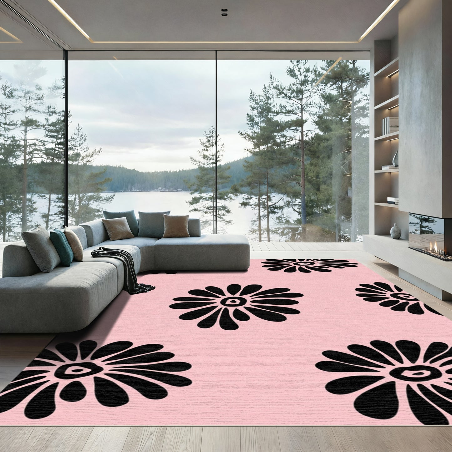 Black Petal Flower Garden Pink Rug