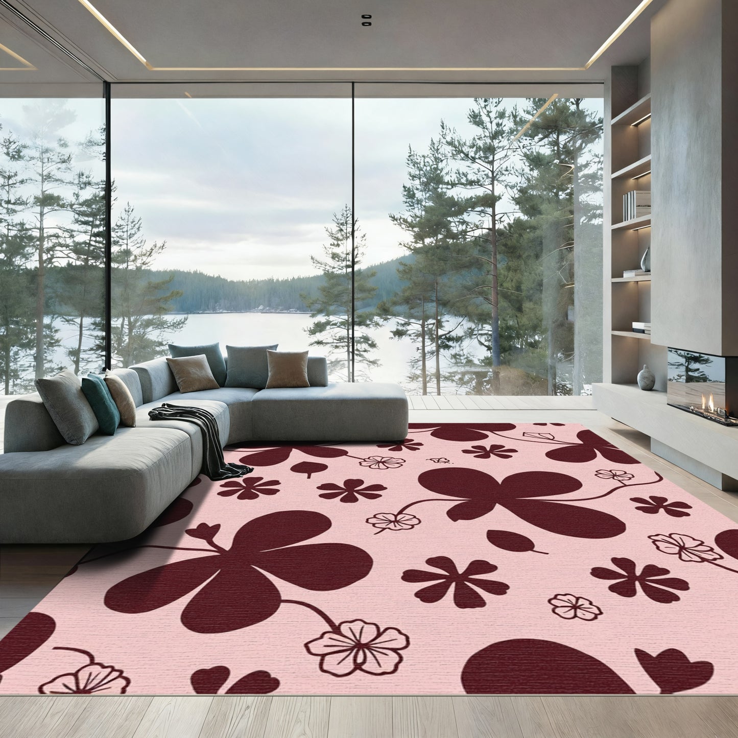 Whimsical Burgundy Floral Clover Rug
