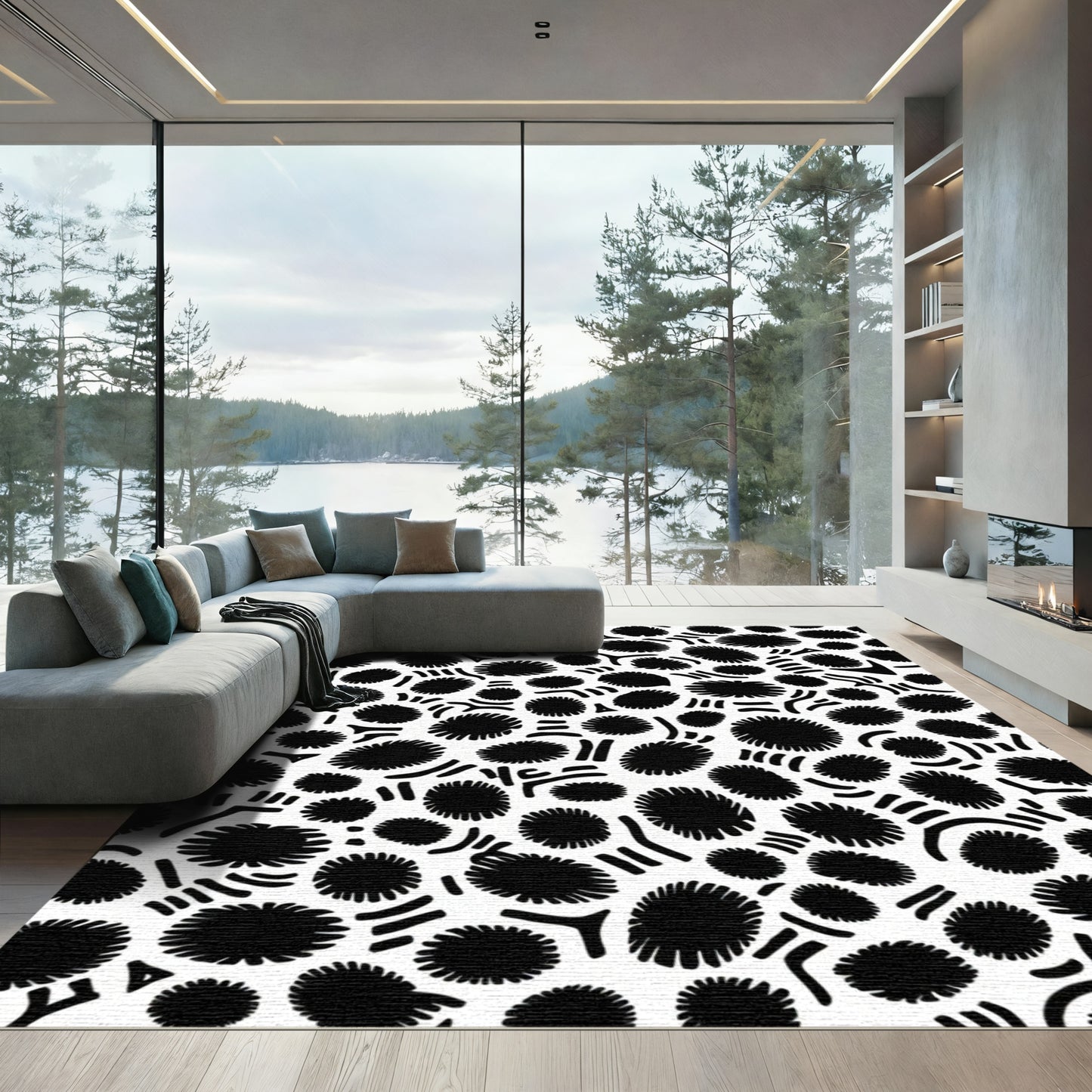 Black Textured Circles Scattered Composition Rug