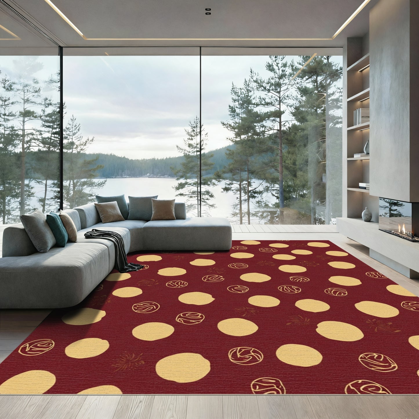 Crimson Gold Polka Dot Orbs Rug