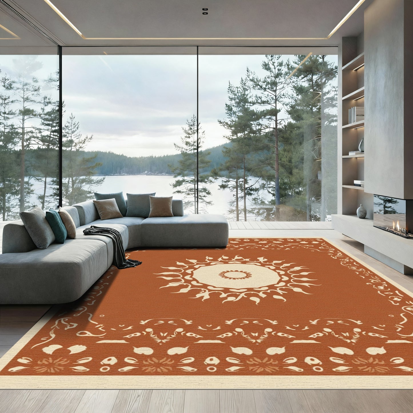 Terracotta Sunburst Bordered Medallion Rug