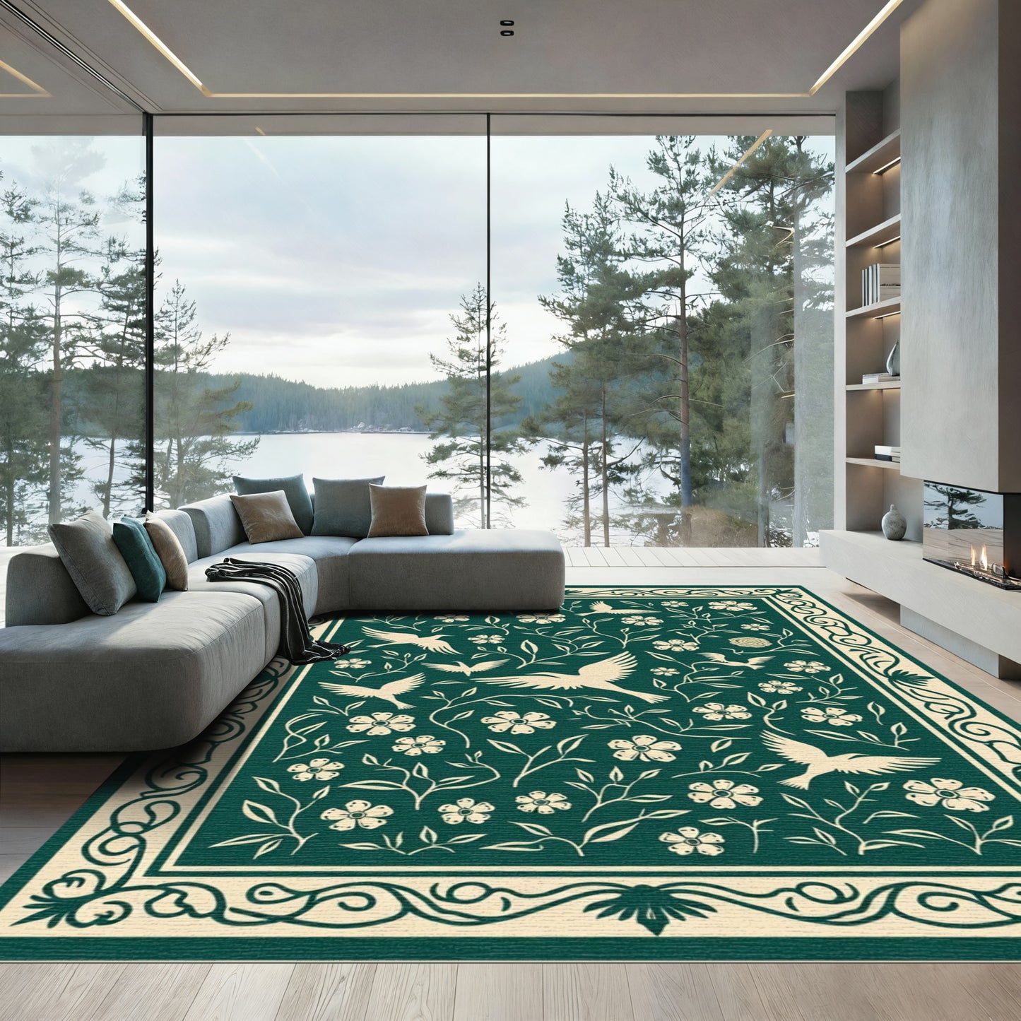 Ivory Birds Blooming Vine Border Rug