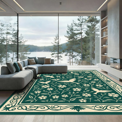 Ivory Birds Blooming Vine Border Rug