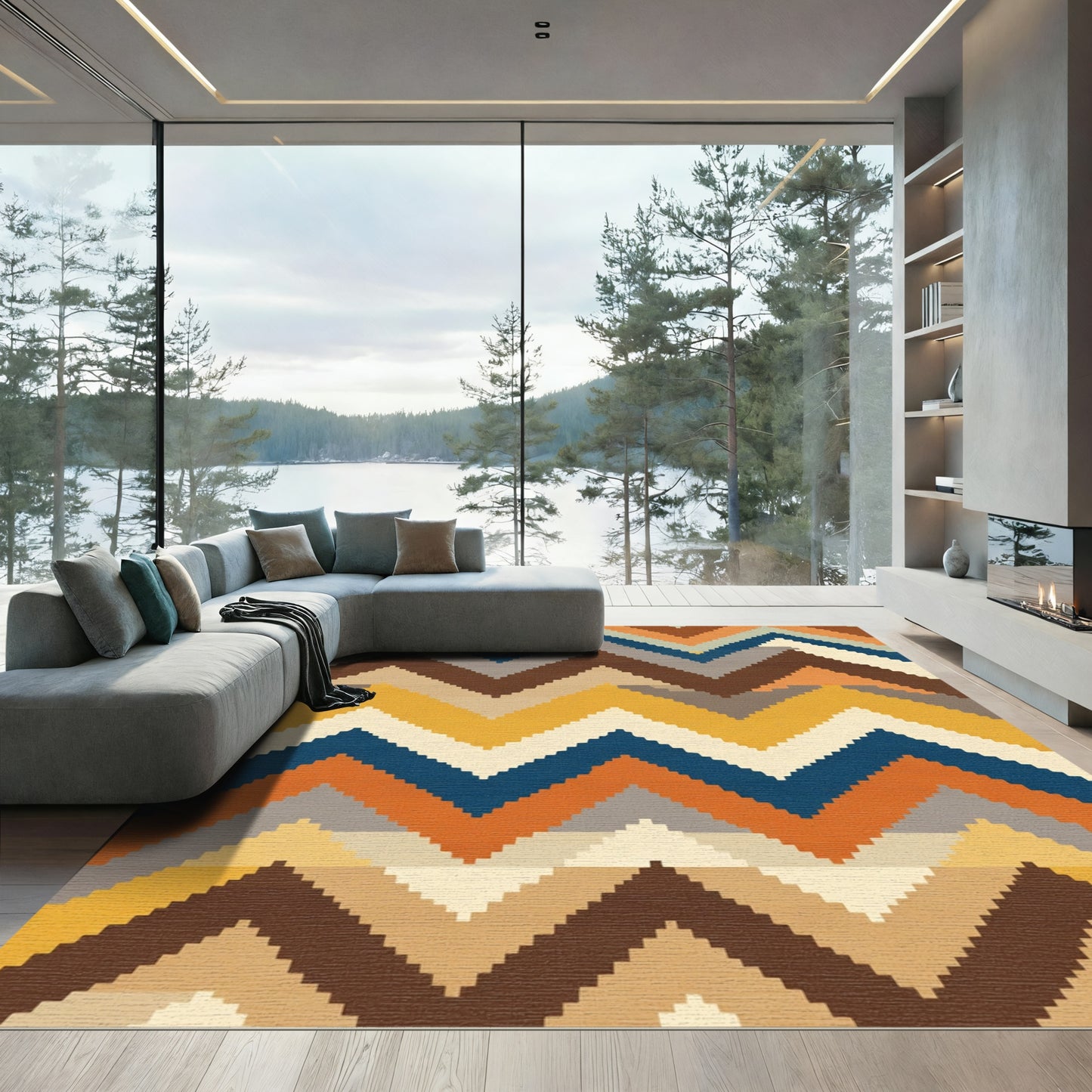 Terracotta Yellow Blue Zigzag Lines Rug