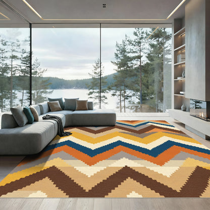 Terracotta Yellow Blue Zigzag Lines Rug