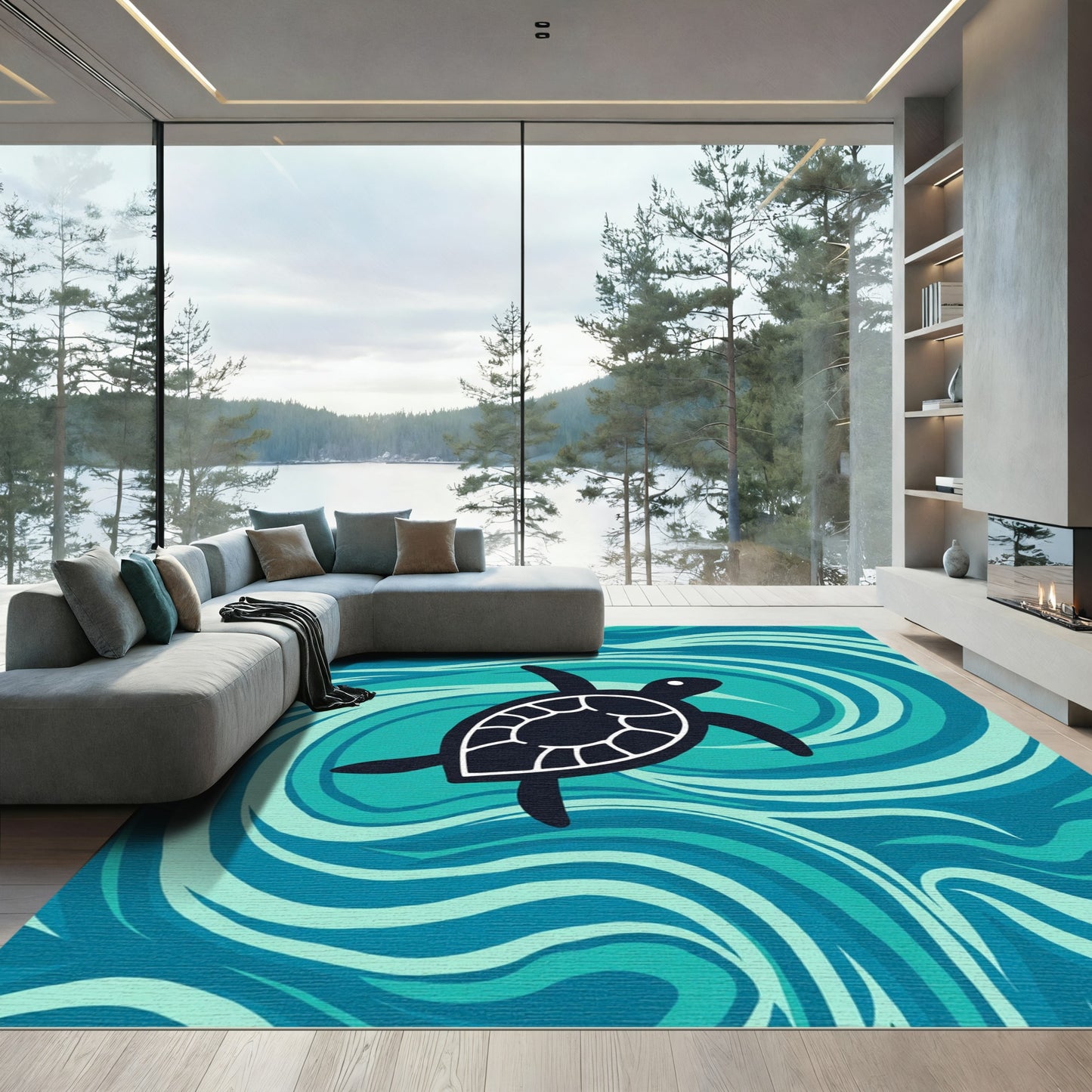 Deep Blue Turtle Ocean Swirl Rug