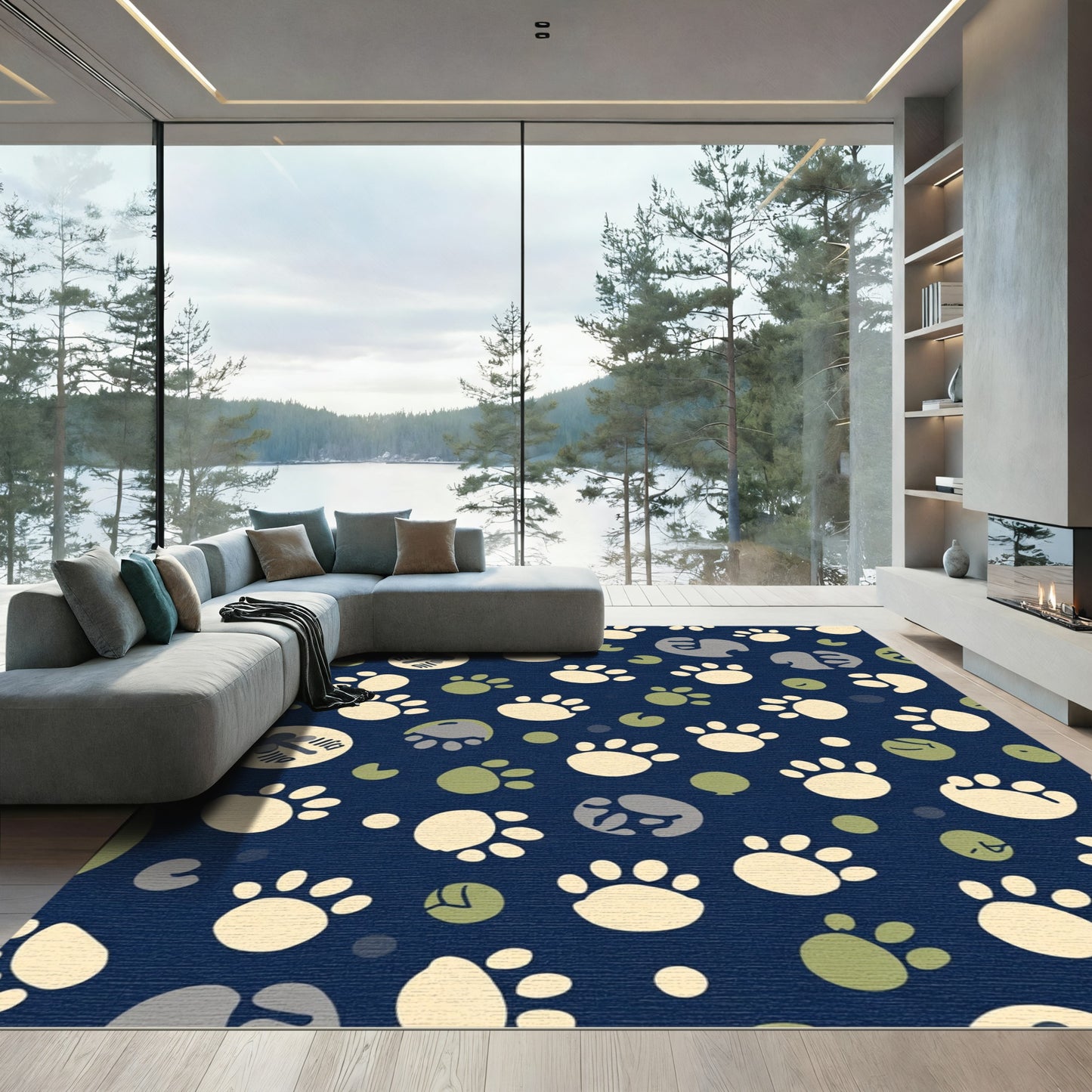 Navy Cream Khaki Paw Print Assortment Rug