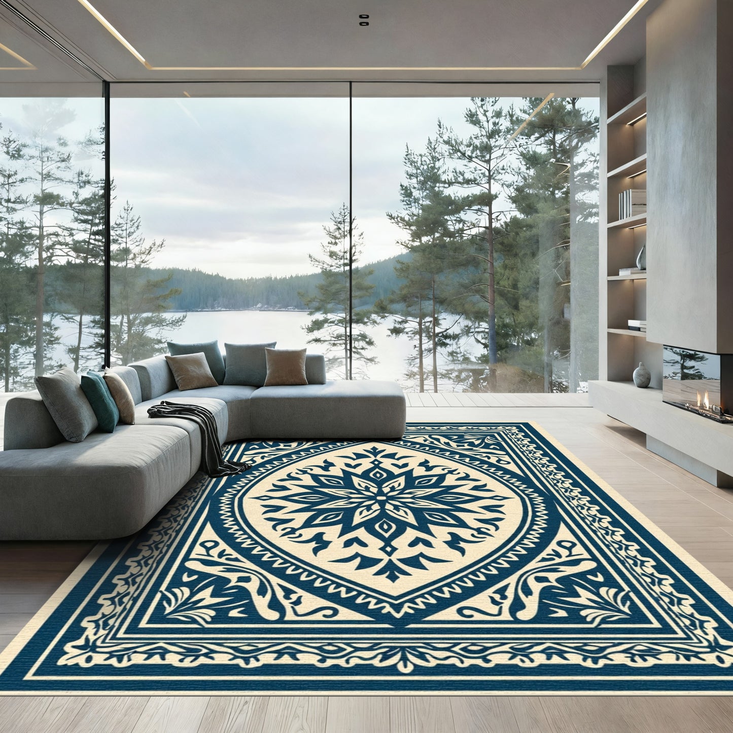 Navy Blue Floral Mandala Rug