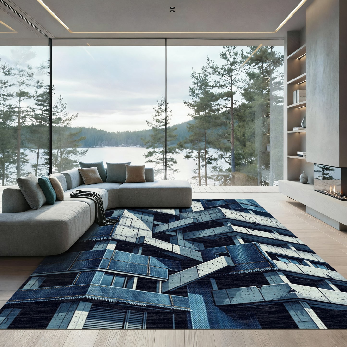 Industrial Blue Concrete Architectural Towers Rug